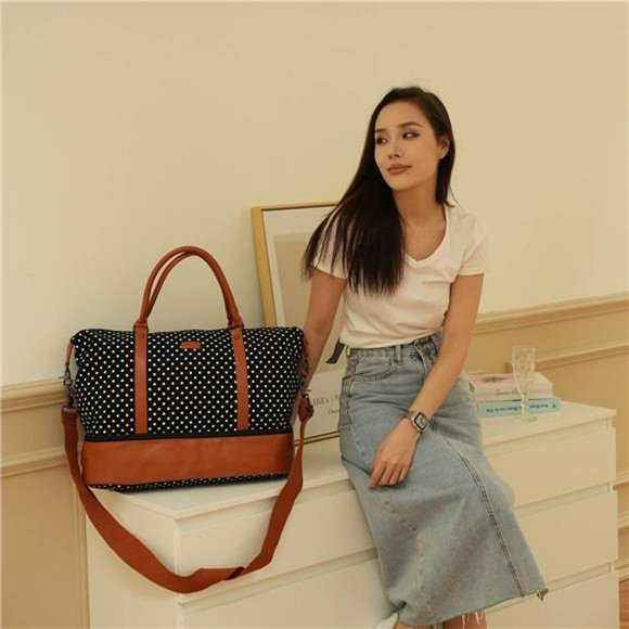 Leather Large Travel Duffel Tote Bag Carry On With Shoe Compartment (Black) - Picture 6 of 14